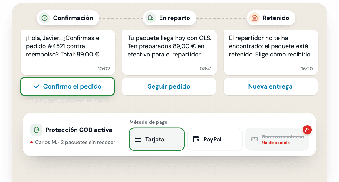 Confirmación, entrega y paquete retenido de un pedido contra reembolso en WhatsApp, con Protección COD