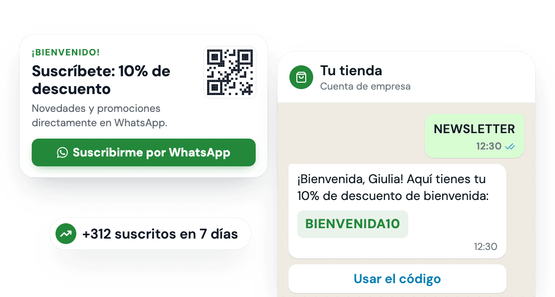 Popup de suscripción a la newsletter de WhatsApp y mensaje de bienvenida con código de descuento