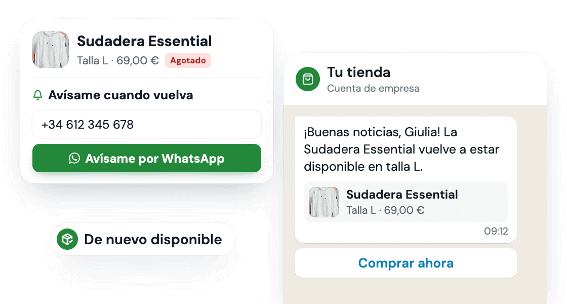 Formulario «Avísame cuando esté disponible» en la ficha de producto y mensaje de WhatsApp de reposición