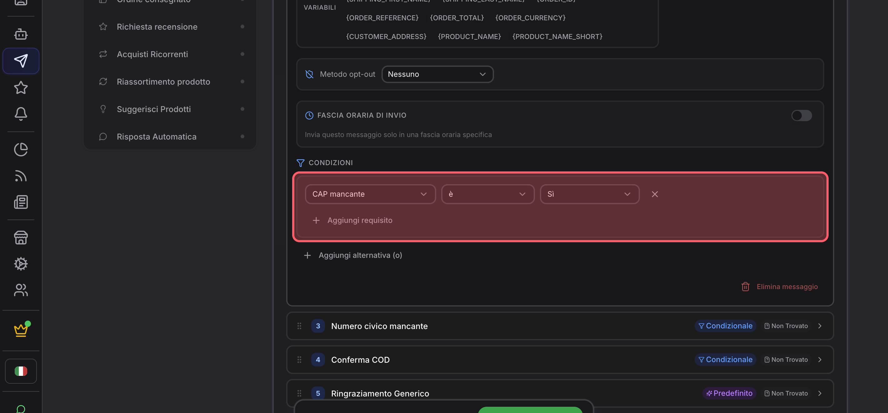 Completa las opciones y el envío de la regla del código postal