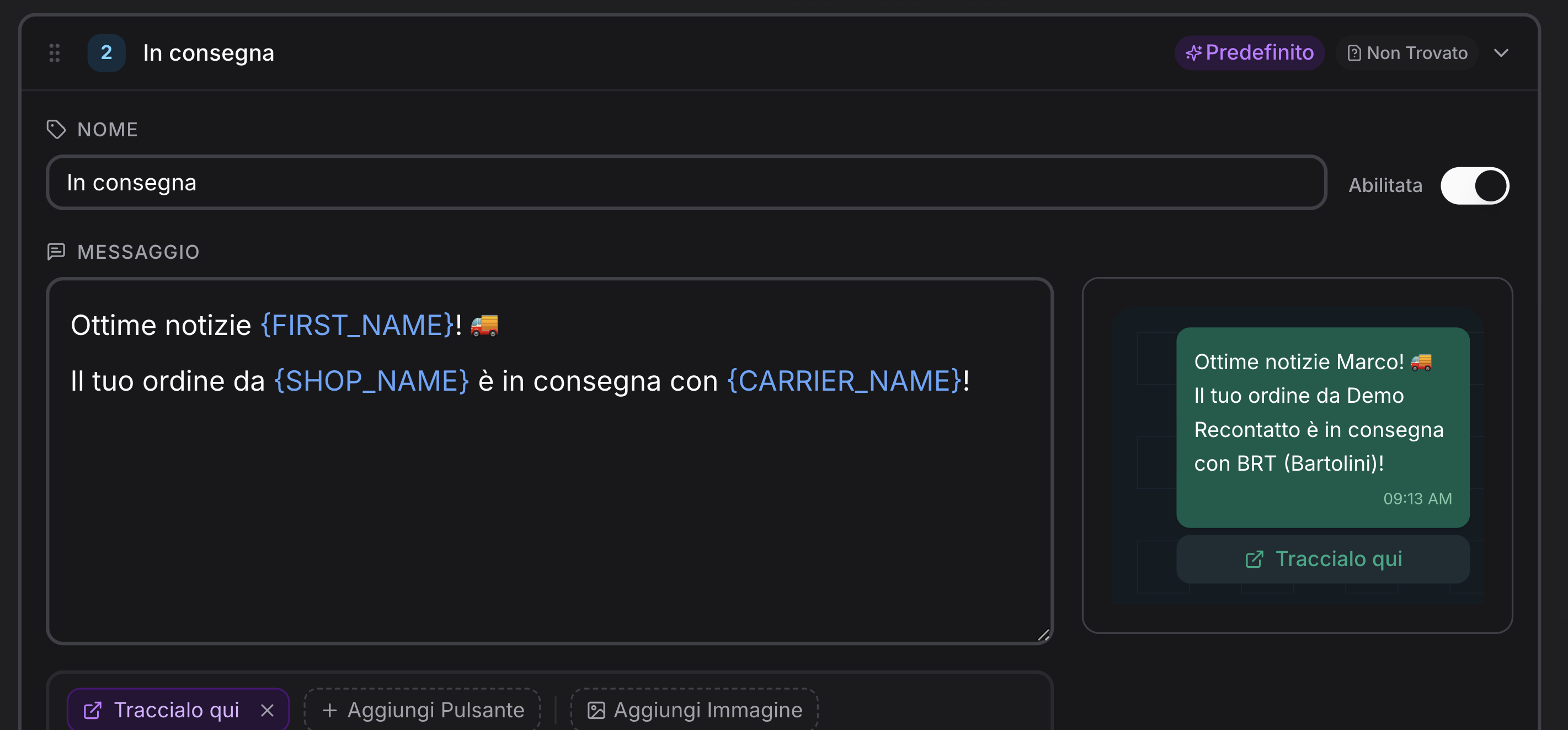 Personaliza el mensaje, las variables y el enlace del transportista
